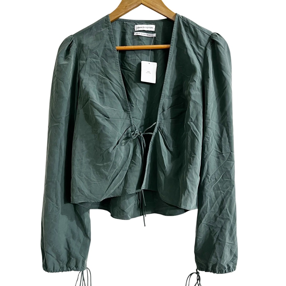 Urban Outfitters Holly‎ Green Tie Front Cropped Blouse XS NWT Puff Sleeve Modal